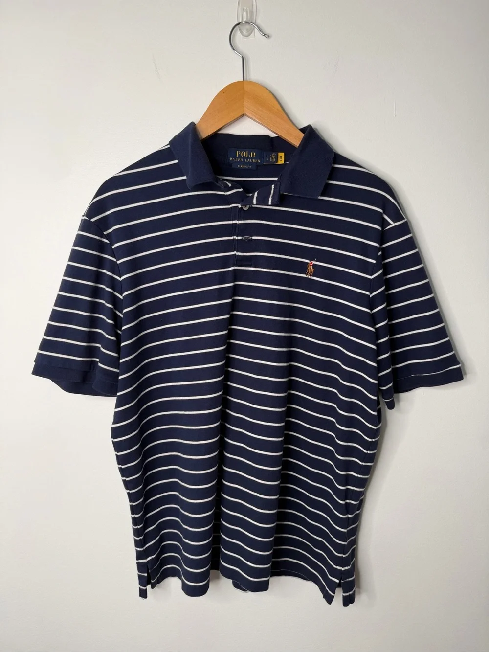 Polo Ralph Lauren Classic Fit Pima Navy Striped Polo Shirt Pony Flesh Logo L